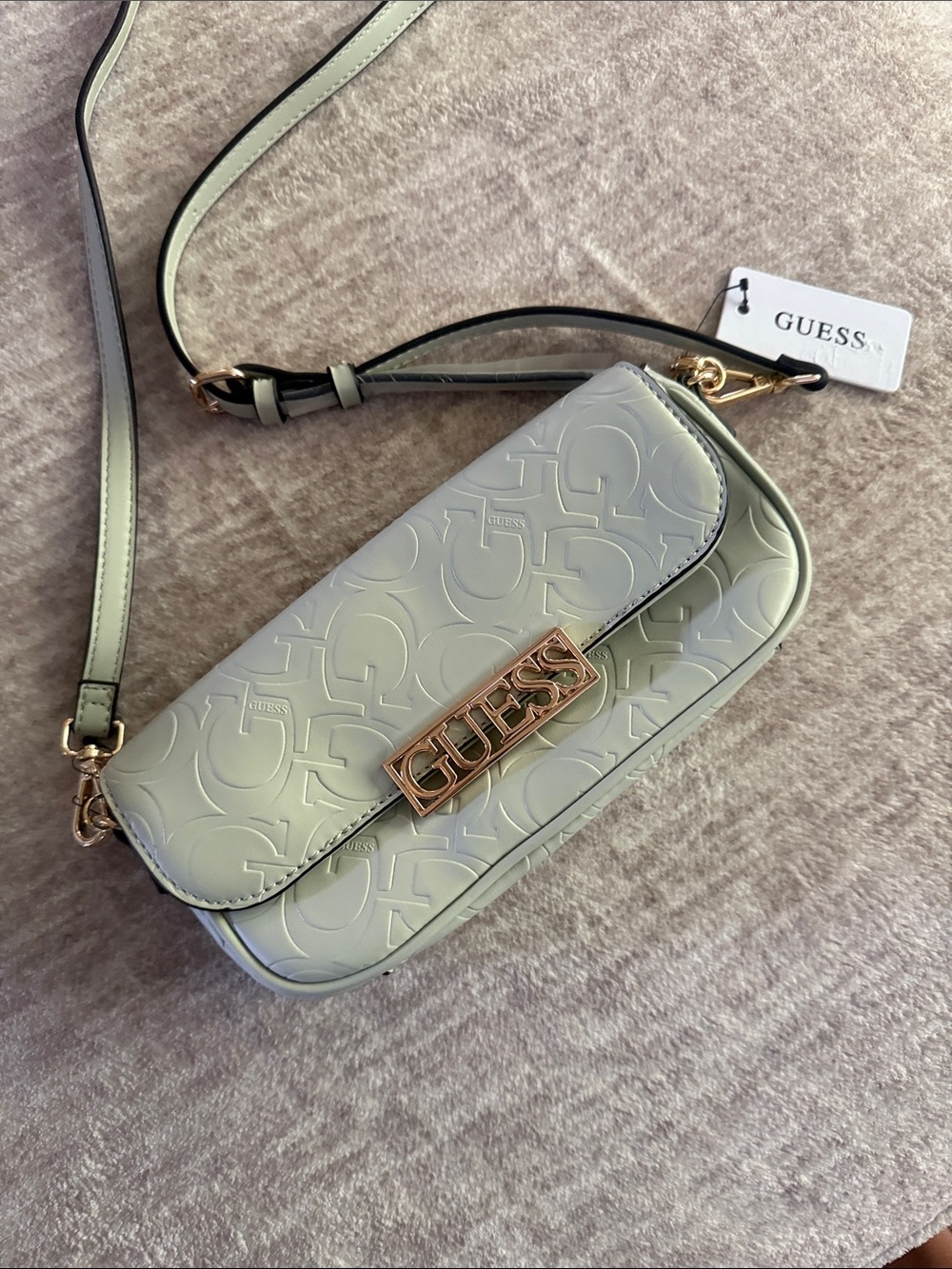 GUESS Light Green Embossed Logo Crossbody Bag with Gold Accents